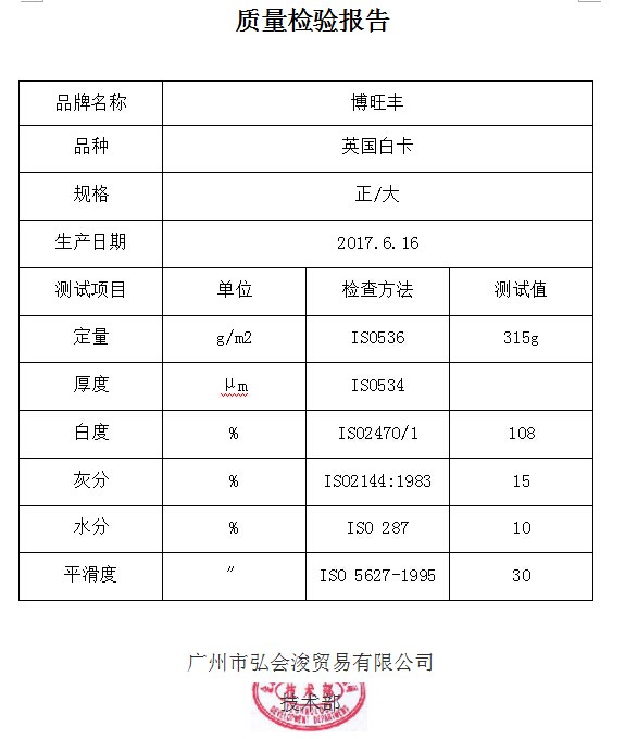 質(zhì)檢報告  英國白卡 315g