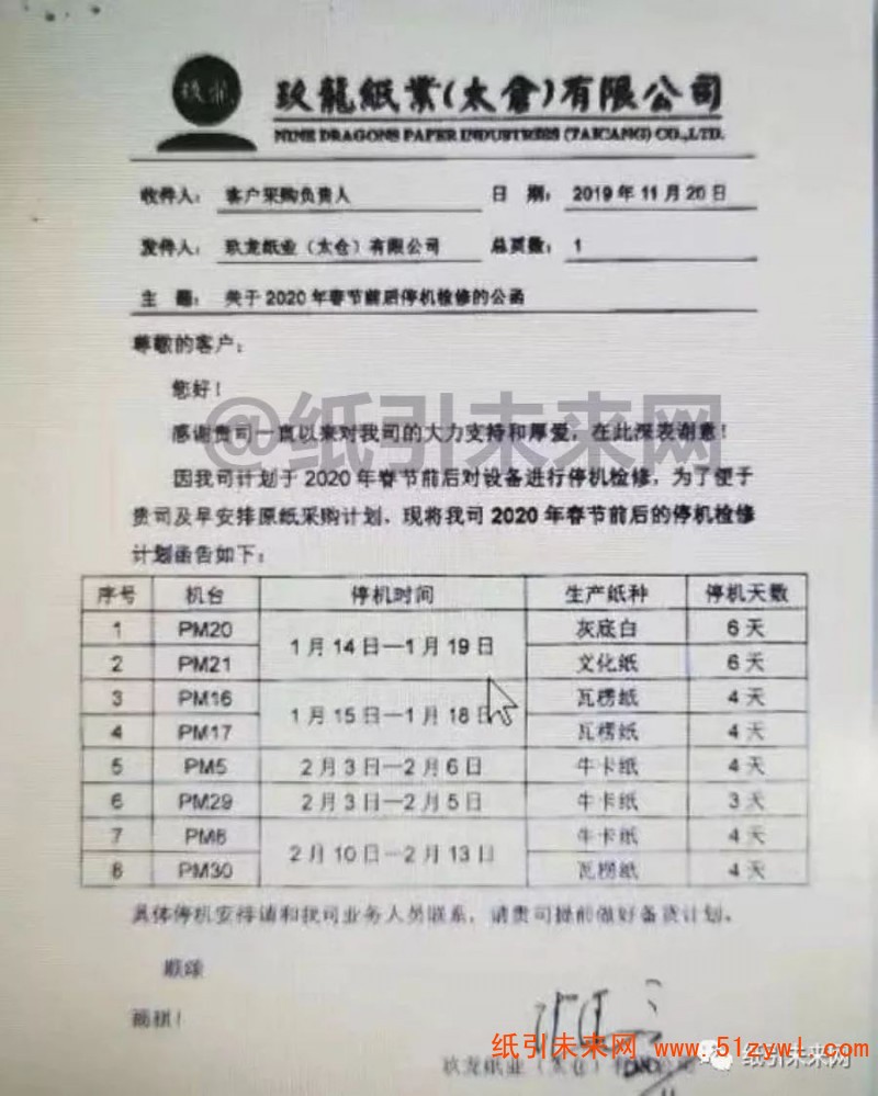 玖龍紙業(yè)春節(jié)停機(jī)函1